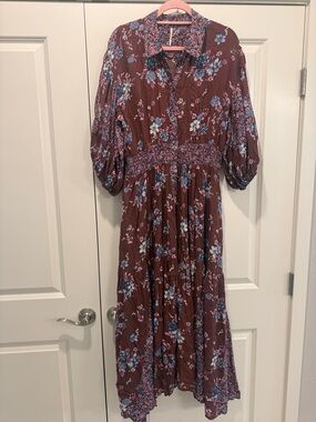 Free People Brown Maxi Dress with Blue and Pink Floral Print